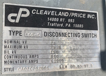 800 Amp, CLEAVELAND/PRICE, No. LCO-C, 23000 V., HOOK-STICK CA02CP02G01