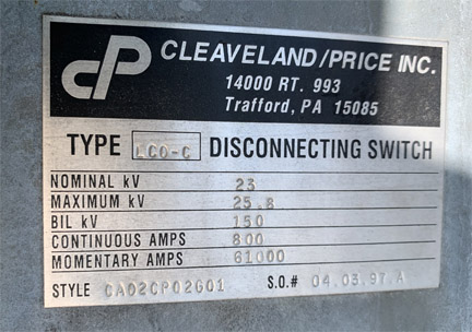 800 Amp, CLEAVELAND/PRICE, No. LCO-C, 23000 V., HOOK-STICK CA02CP02G01
