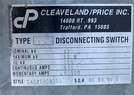 800 Amp, CLEAVELAND/PRICE, No. LCO-C, 23000 V., HOOK-STICK CA02CP02G01