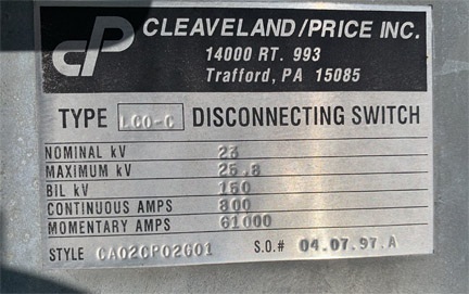 800 Amp, CLEAVELAND/PRICE, No. LCO-C, 23000 V., HOOK-STICK CA02CP02G01