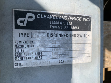 800 Amp, CLEAVELAND/PRICE, No. LCO-C, 23000 V., HOOK-STICK CA02CP02G01