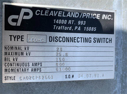 800 Amp, CLEAVELAND/PRICE, No. LCO-C, 23000 V., HOOK-STICK CA02CP02G01