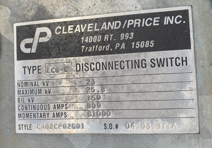 800 Amp, CLEAVELAND/PRICE, No. LCO-C, 23000 V., HOOK-STICK CA02CP02G01