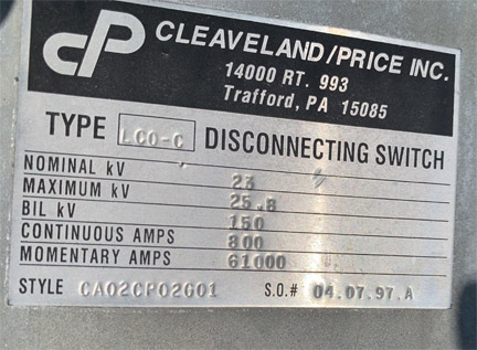 800 Amp, CLEAVELAND/PRICE, No. LCO-C, 23000 V., HOOK-STICK CA02CP02G01