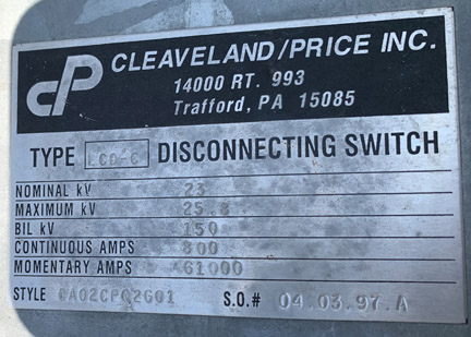 800 Amp, CLEAVELAND/PRICE, No. LCO-C, 23000 V., HOOK-STICK CA02CP02G01