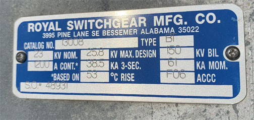 1200 Amp, ROYAL, No. BT, 23000 V., CAT. #13008, HOOK STICK DISCONNECT SWITCH:1