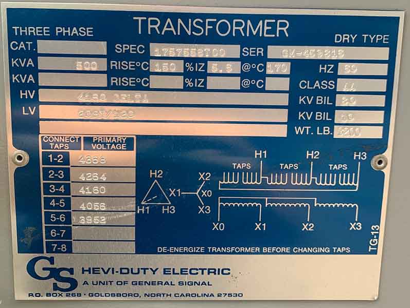 500 KVA, Pri 4160 D, Sec 208Y/120, HEVI-DUTY, OUTDOOR:1