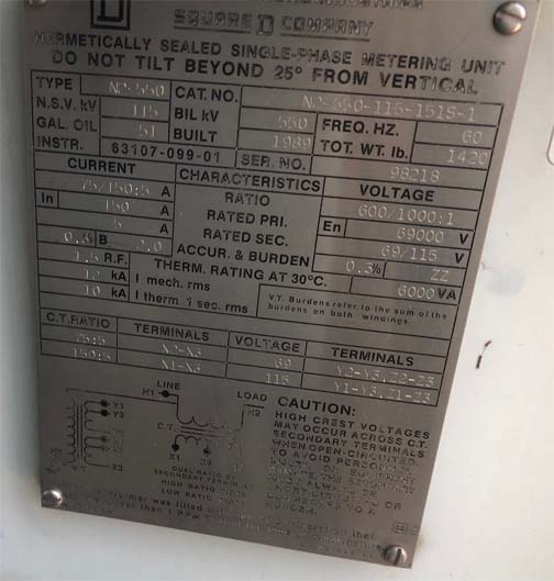 69000 V, Sec. 69/115 V, TYPE NS-550, SQ.D HERMATICALLY SEALED METERING CT/PT:2
