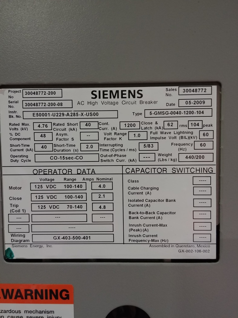 1200 Amp, SIEMENS, 5-GMSG-0040-1200-104, 4760 V., 2009, 125 VDC CONTROLS, D/O