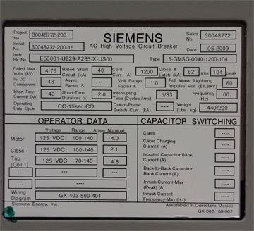 1200 Amp, SIEMENS, 5-GMSG-0040-1200-104, 4760 V., 2009, 125 VDC CONTROLS, D/O
