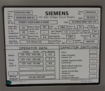 1200 Amp, SIEMENS, 15-GMSG-0050-1200-130, 15 KV., 2010, 125 VDC CONTROLS, D/O