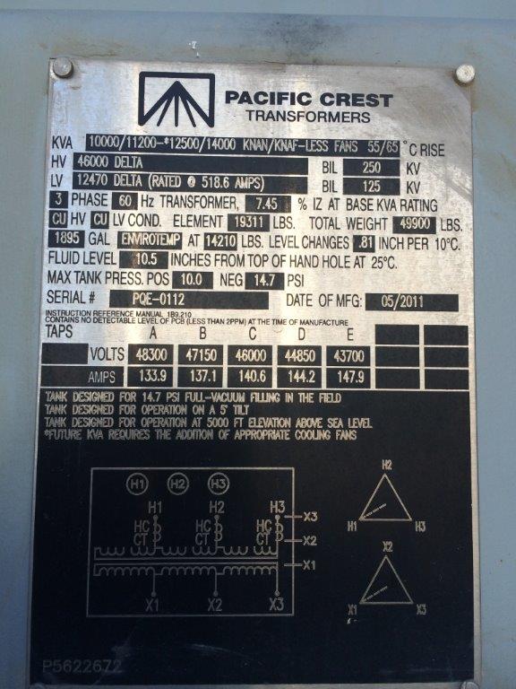 10000/14000 KVA, Pri 46000 D, Sec 12470 D, 2011, PACIFIC CREST, ENVIROTEMP:1
