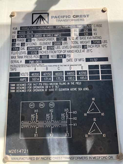 10000/14000 KVA, Pri 46000 D, Sec 12470 D, PACIFIC CREST, ENVIROTEMP