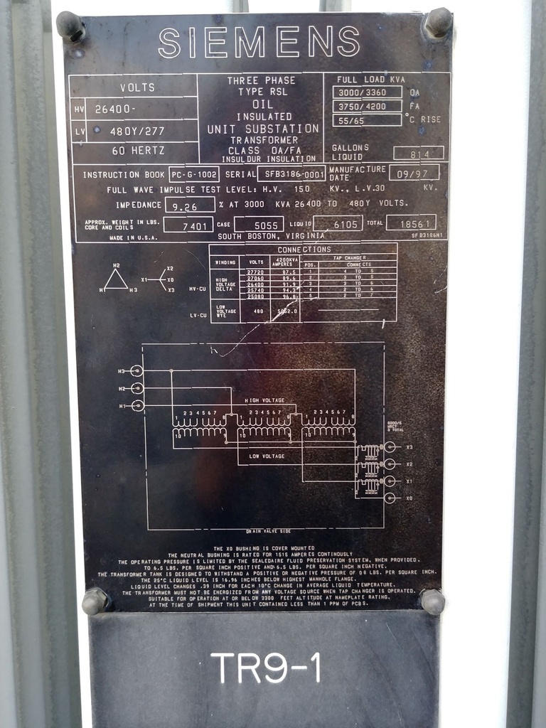3000/4200 KVA, Pri 26400 D, Sec 480Y/277, SIEMENS, COPPER