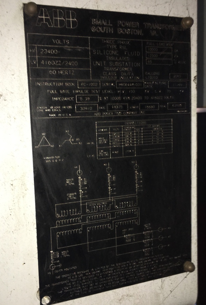 10000/12500 KVA, Pri 23400 D, Sec 4160ZZ/2400, 2000, ABB, ZIG-ZAG:1