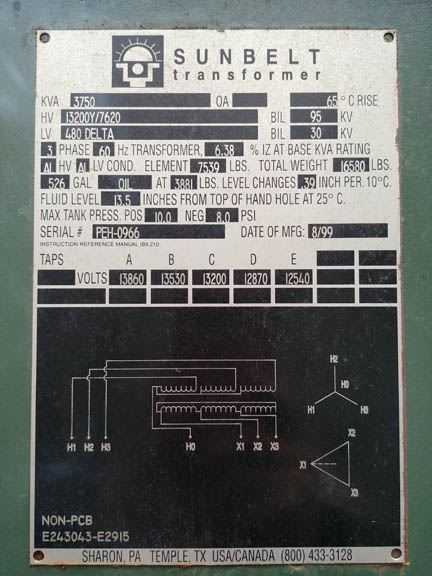 3750 KVA, Pri 13200Y/7620, Sec 480 D, SUNBELT, LIVE FRONT, RADIAL FEED