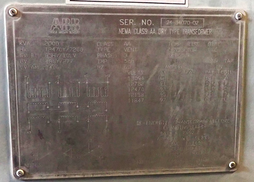 2000 KVA, Pri 12470Y/7200, Sec 480Y/277, ABB, OUTDOOR, COPPER
