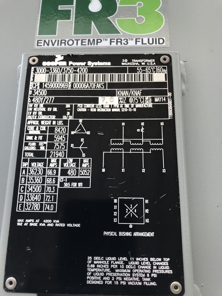 3000/4200 KVA, Pri 34500 D, Sec 480Y/277, 2014, COOPER, COPPER, FR3:1