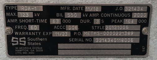2000 Amp, SO. STATES, RDA-1, 123 KV, HORIZONTAL MT, MANUAL, PEDESTAL, UNUSED