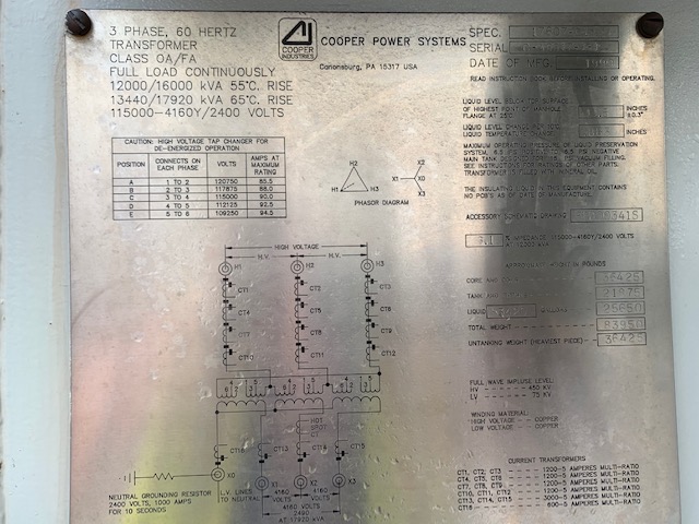 12000/17920 KVA, Pri 115000 D, Sec 4160Y/2400, COOPER, COPPER:1