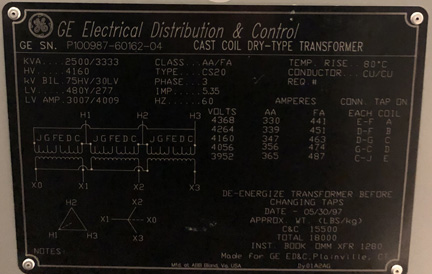 2500/3333 KVA, Pri 4160 D, Sec 480Y/277, 1997, GE, COPPER, CAST COIL, INDOOR