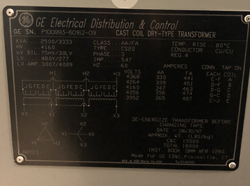 2500/3333 KVA, Pri 4160 D, Sec 480Y/277, 1997, GE, CAST COIL, COPPER, INDOOR:1