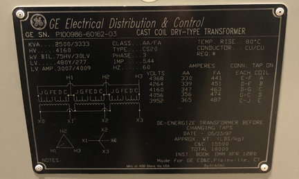 2500/3333 KVA, Pri 4160 D, Sec 480Y/277, 1997, GE, CAST COIL, COPPER, INDOOR:1