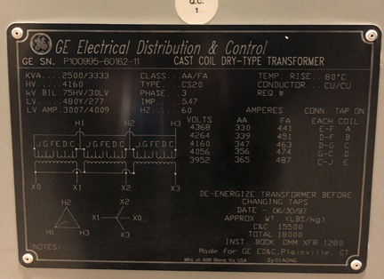 2500/3333 KVA, Pri 4160 D, Sec 480Y/277, 1997, GE, CAST COIL, COPPER, INDOOR:1