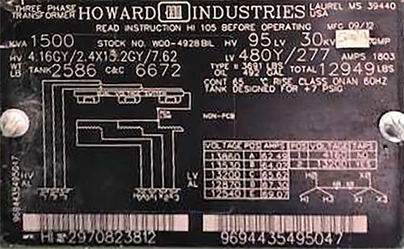 1500 KVA, PRI 4160Y/2400 X 13200Y/7620, 480Y/277, HOWARD, LIVE/RADIAL
