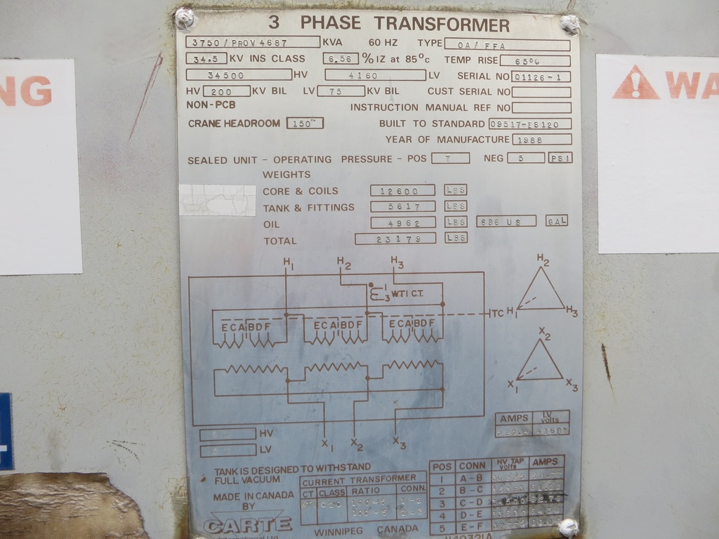 3750/4687 KVA, Pri 34500 D, Sec 4160 D, CARTE, COPPER WINDINGS;