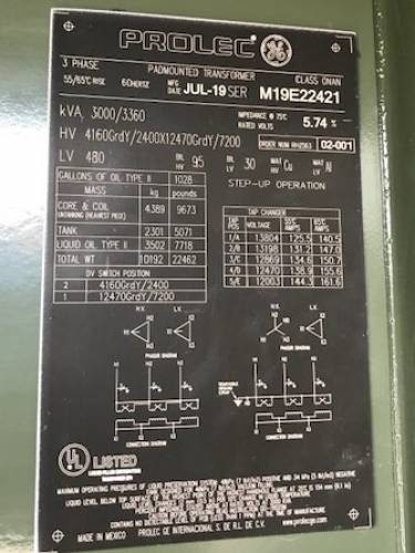 3000/3350 KVA, Pri 4.16/2.4Y/4.16 X 7.2/12.47Y/7.2, 480 D, GE PROLEC, LF/RF, NEW