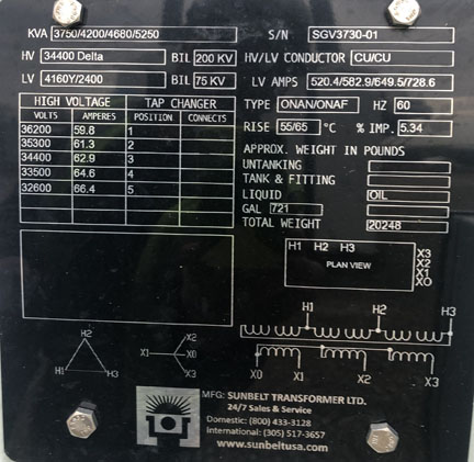 3750/4200/4680/5250 KVA, Pri 34400 D, Sec 4160Y/2400, SUNBELT, CU WINDINGS;