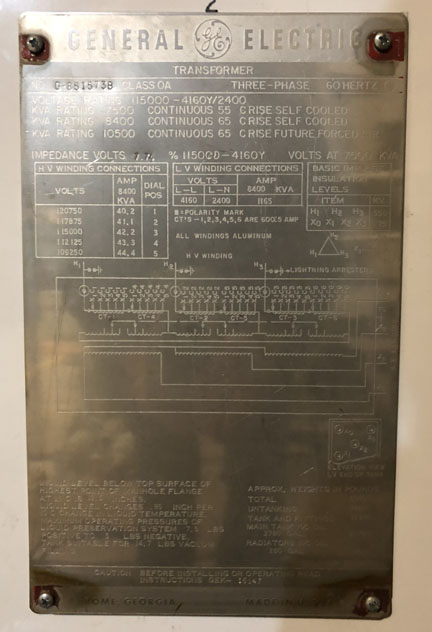 7500/8400/10500 KVA, Pri 115000 D, Sec 4160Y/2400, GENERAL ELECTRIC, ALUMINUM