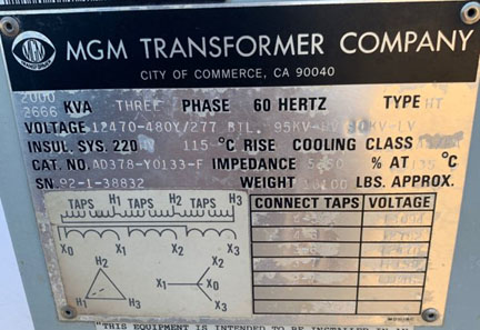 2000/2667 KVA, Pri 12470 D, Sec 480Y/277, MGM, INDOOR:1