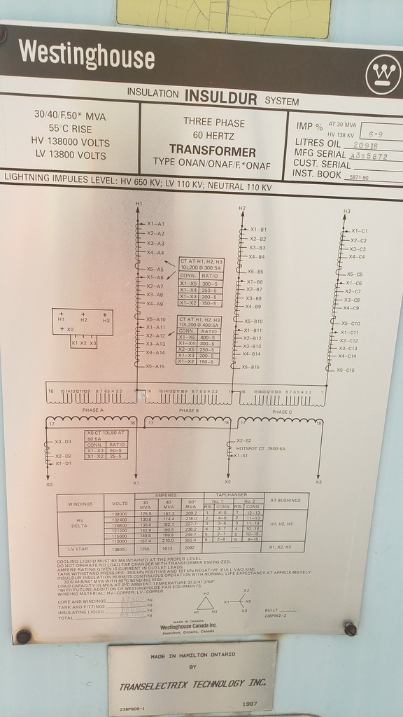 30000/50000 KVA, Pri 138000 D, Sec 13800 Y, 1987, WESTINGHOUSE:2