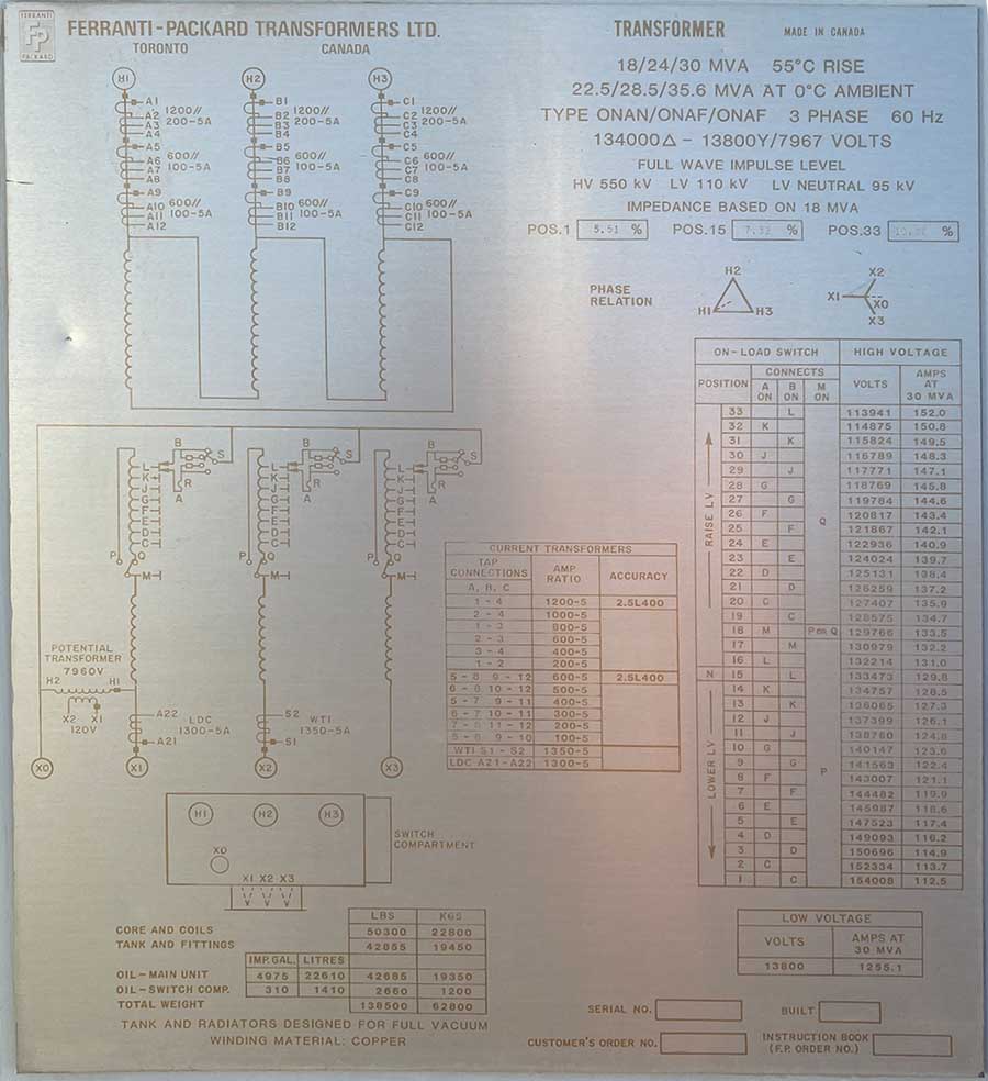 18000/30000 KVA, Pri 134000 D, Sec 13800 Y, 1983, FERRANTI-PACKARD, LTC:1