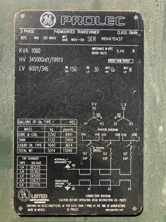1000 KVA, Pri 34500GRDY/19919, Sec 600Y/346, 2004, GE PROLEC