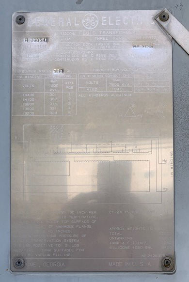 7500/9375 KVA, Pri 13800 D, Sec 4160Y/2400, GENERAL ELECTRIC, SILICONE, ALUMINUM