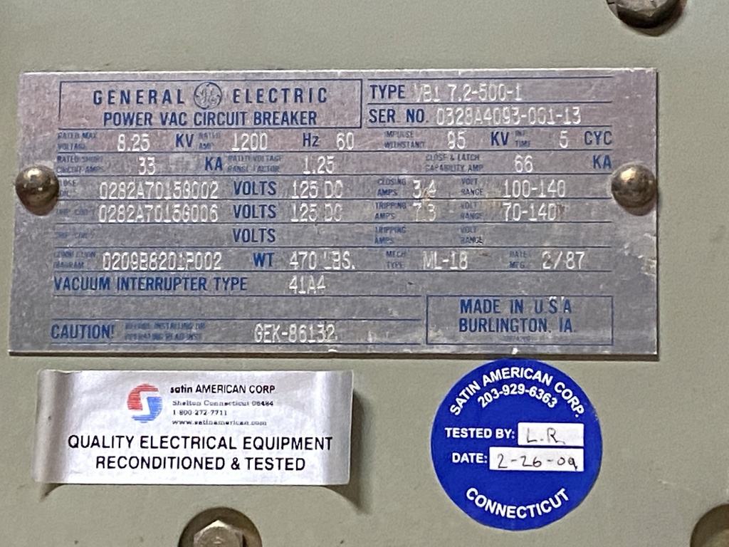 1200 Amp, GENERAL ELECTRIC, VB1 7.2-500-1, 8.25 KV, 125 VDC CLOSE & TRIP