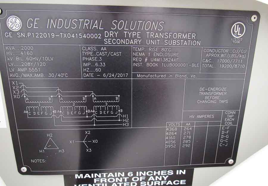 2000 KVA, Pri 4160 D, Sec 208Y/120, GE, CAST COIL, INDOOR ENCLOSURE, UNUSED