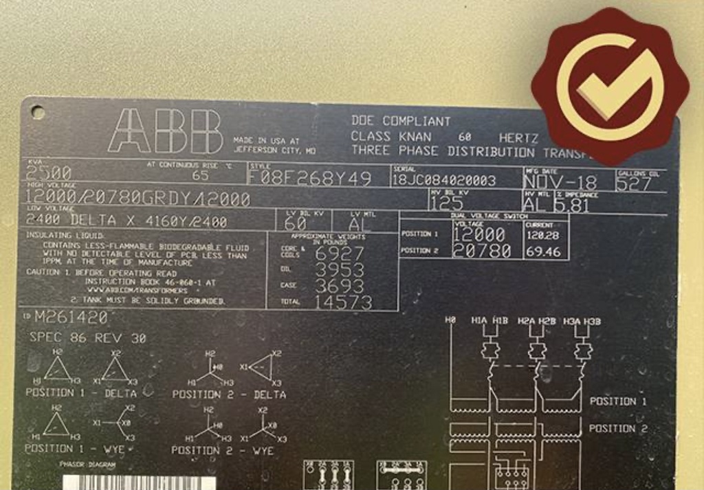 2500 KVA, 12000/20780GRDY/12000, Sec 2400 D X 4160Y/2400, ABB, FR3 DEAD/LOOP