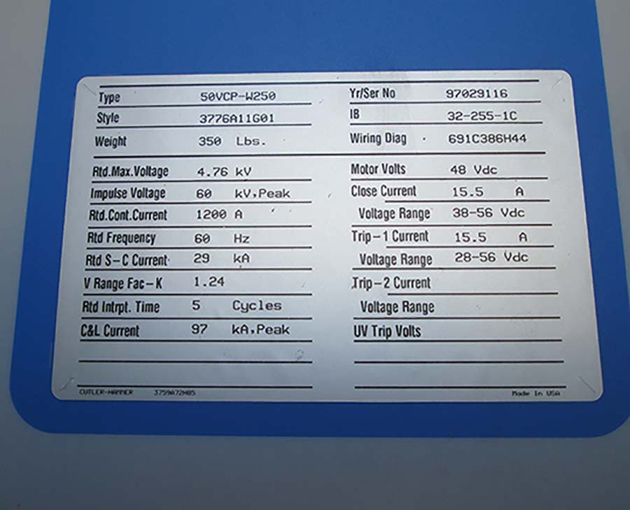 1200 Amp, WESTINGHOUSE, 50VCPW-250, 4.76 KV, 48 VDC CLOSE & TRIP, E/O, D/O:1