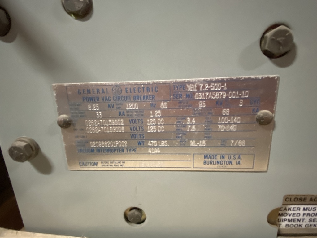 1200 Amp, GENERAL ELECTRIC, VB1 71.2-500-1, 8.25 KV, 125 VDC CLOSE & TRIP