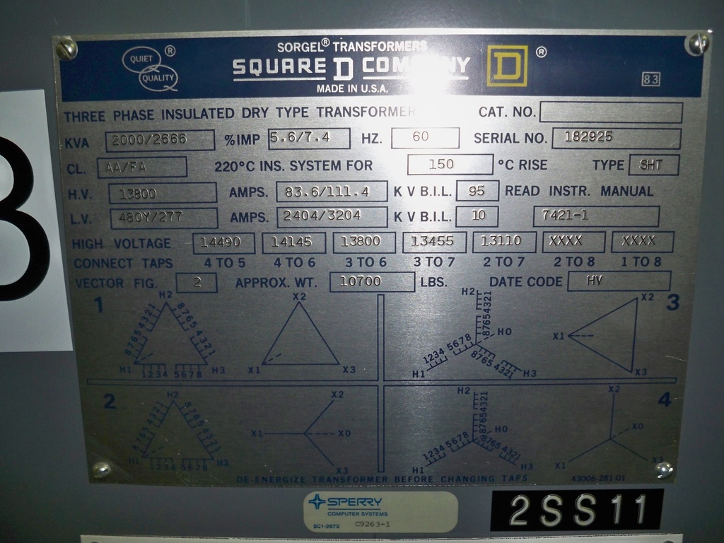 2000/2666 KVA, Pri 13800 D, Sec 480Y/277, SQUARE D TYPE SHT, INDOOR:1