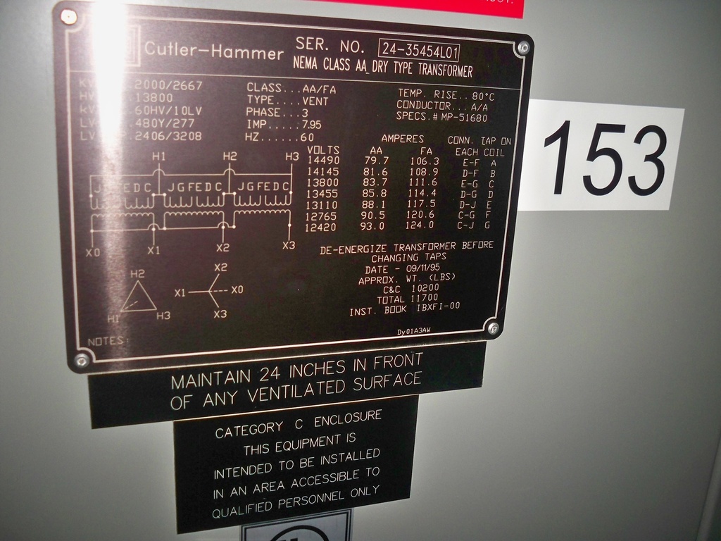 2000/2667 KVA, Pri 13800 D, Sec 480Y/277, CUTLER-HAMMER, 1995, INDOOR:1