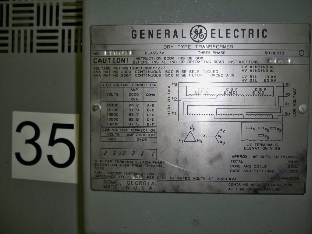 2000/2667 KVA, Pri 13800 D, Sec 480Y/277, GENERAL ELECTRIC, INDOOR:1