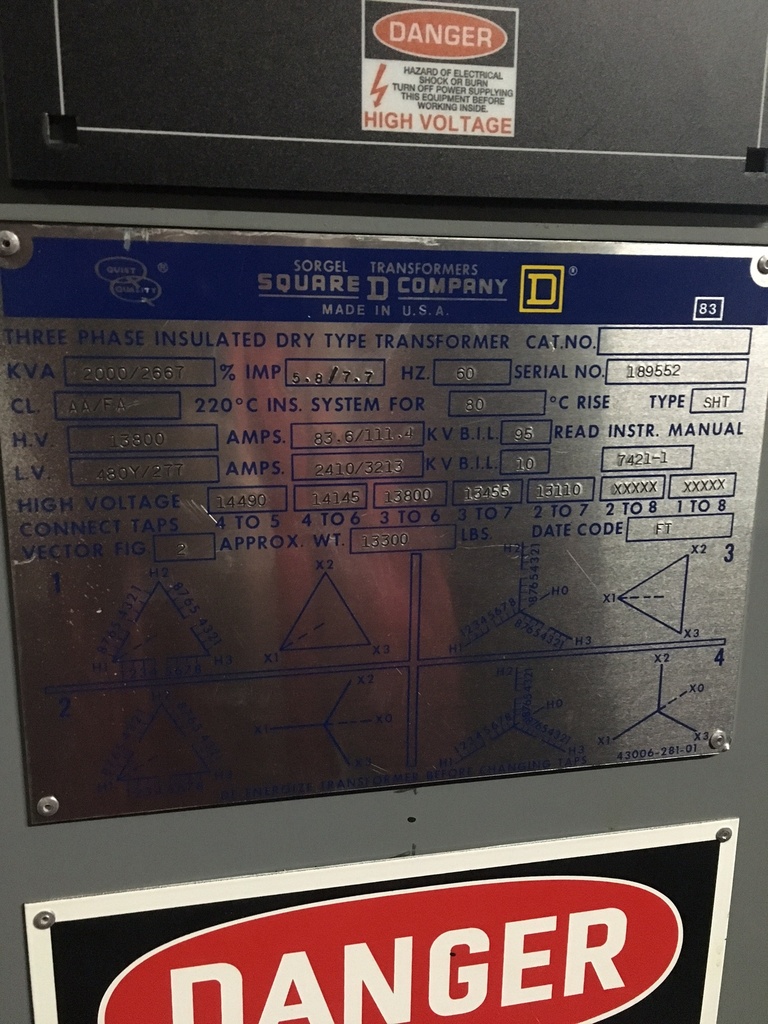 2000/2667 KVA, Pri 13800 D, Sec 480Y/277, SQUARE D TYPE SHT, INDOOR:1