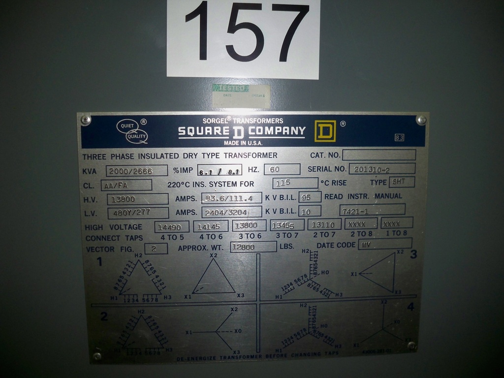 2000/2666 KVA, Pri 13800 D, Sec 480Y/277, SQUARE D TYPE SHT, INDOOR:1