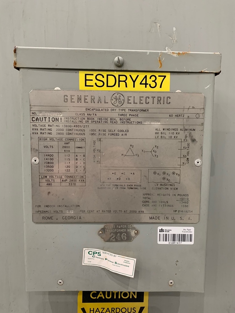 2000/2800 KVA, Pri 13800 D, Sec 480Y/277, GENERAL ELECTRIC, INDOOR:1
