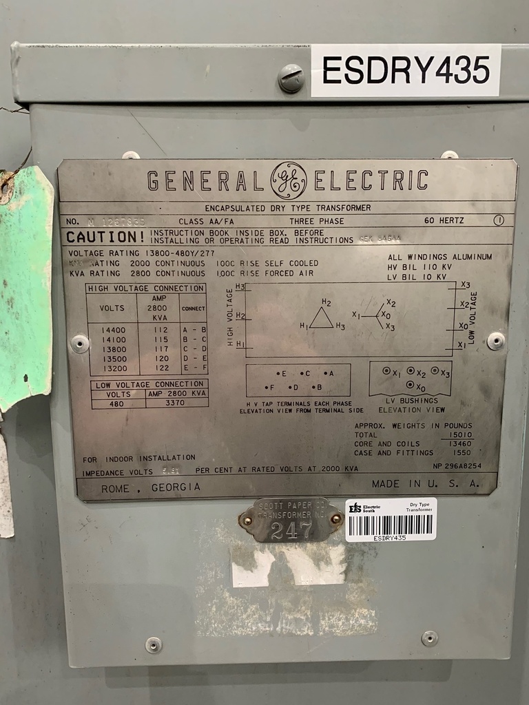 2000/2800 KVA, Pri 13800 D, Sec 480Y/277, GENERAL ELECTRIC, INDOOR:1